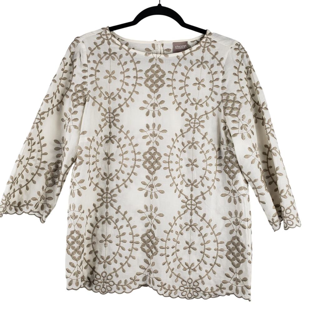 Chicos Women's S Embroidered Leaf Print Top Cream‎ Tan Boho Cottagecore Neutral